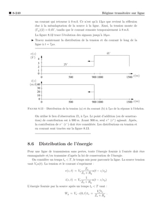 8-240                                                                R´gime transitoire sur ligne
                                                                      e

              un courant qui retourne ` 0 mA. Ce n’est qu’` 13µs que revient la r´ﬂexion
                                         a                   a                    e
              due ` la m´sadaptation de la source ` la ligne. Ainsi, la tension monte de
                   a      e                           a
              (Γg )(2) = 0.4V , tandis que le courant remonte temporairement a 8 mA.
                                                                             `
              La ﬁgure 8.12 trace l’´volution des signaux jusqu’` 16µs.
                                    e                           a
           ◮ Tracez maintenant la distribution de la tension et du courant le long de la
             ligne ` t = 7µs.
                   a


          v(z)                                                          4V
          (V ) 4
                3                    2V
                2
                1
                0
                    0                     500                900 1000                   1500 z(m)
          i(z)
         (mA)40
               30
               20
               10
                0
                    0                     500                900 1000                   1500 z(m)

        Figure 8.13 – Distribution de la tension (a) et du courant (b) ` 7µs de la r´ponse ` l’´chelon.
                                                                       a            e      a e

              On utilise le lieu d’observation Dz ` 7µs. Le point d’addition (ou de soustrac-
                                                  a
              tion) de contribution est ` 900 m. Avant 900 m, seul v + (i+ ) agissait. Apr`s,
                                         a                                                e
                                    −  −
              la contribution de v (i ) doit ˆtre consid´r´e. Les distributions en tension et
                                               e         ee
              en courant sont trac´es sur la ﬁgure 8.13.
                                    e




        8.6      Distribution de l’´nergie
                                   e
        Pour une ligne de transmission sans pertes, toute l’´nergie fournie a l’entr´e doit ˆtre
                                                             e               `       e       e
        emmagasin´e et/ou transmise d’apr`s la loi de conservation de l’´nergie.
                    e                        e                          e
           On consid`re un temps to < T , le temps mis pour parcourir la ligne. La source tension
                      e
        vaut Vo u(t). La tension et le courant s’expriment :
                                                        Zo
                                      v(z, t) = Vo           u(t − z/vp )
                                                     Zo + Rg
                                                    1
                                      i(z, t) = Vo       u(t − z/vp )
                                                 Zo + Rg
        L’´nergie fournie par la source apr`s un temps to < T vaut :
          e                                e
                                                                Vo2 to
                                      Wg = Vo · i(0, t) to =           .
                                                               Zo + Rg
 