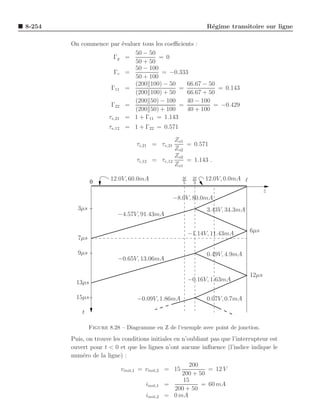 8-254                                                           R´gime transitoire sur ligne
                                                                 e

        On commence par ´valuer tous les coeﬃcients :
                        e
                             50 − 50
                     Γg =             = 0
                             50 + 50
                             50 − 100
                     Γc =               = −0.333
                             50 + 100
                             (200 100) − 50     66.67 − 50
                    Γ11 =                    =             = 0.143
                             (200 100) + 50     66.67 + 50
                             (200 50) − 100     40 − 100
                    Γ22 =                    =            = −0.429
                             (200 50) + 100     40 + 100
                   τv,21 = 1 + Γ11 = 1.143
                       τv,12 = 1 + Γ22 = 0.571

                                                  Zo1
                                  τi,21 = τv,21       = 0.571
                                                  Zo2
                                                  Zo2
                                  τi,12 = τv,12       = 1.143 .
                                                  Zo1

                        12.0V, 60.0mA                3ℓ    2ℓ   12.0V, 0.0mA ℓ
                 0                                   5     3

                                                                                        z
                                                  −8.0V, 80.0mA
          3µs                                                   3.43V, 34.3mA
                           −4.57V, 91.43mA


                                                          −1.14V, 11.43mA        6µs
          7µs

          9µs                                                   0.49V, 4.9mA
                           −0.65V, 13.06mA

                                                                                 12µs
          13µs                                            −0.16V, 1.63mA

          15µs                    −0.09V, 1.86mA                0.07V, 0.7mA

            t

                Figure 8.28 – Diagramme en Z de l’exemple avec point de jonction.

        Puis, on trouve les conditions initiales en n’oubliant pas que l’interrupteur est
        ouvert pour t < 0 et que les lignes n’ont aucune inﬂuence (l’indice indique le
        num´ro de la ligne) :
            e
                                                       200
                           vinit,1 = vinit,2 = 15             = 12 V
                                                    200 + 50
                                                    15
                                     iinit,1 =             = 60 mA
                                                 200 + 50
                                     iinit,2 = 0 mA
 