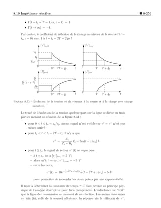 8.10 Imp´dance r´active
        e       e                                                                              8-259

        • Γ(t = ti = T = 1 µs, z = ℓ) = 1
        • Γ(t → ∞) = −1.

     Par contre, le coeﬃcient de r´ﬂexion de la charge au niveau de la source Γ(t =
                                    e
     ti , z = 0) vaut 1 ` t = ti = 2T = 2 µs !
                        a

                              [V ]z=0                              [V ]z=ℓ

                    V0
                      V0
                      2
                      −1
               V0 e
                          0                         L          0                      L
                                        2T   2T +   Z0    t                  T   T+   Z0   t
                              [I]z=0                               [I]z=ℓ
                     V0
                     Z0
      V0           −1
      Z0 (1   −e     )
                      V0
                     2Z0

                          0                                    0
                                        2T   2T +   L
                                                    Z0
                                                          t                  T   T+   L
                                                                                      Z0
                                                                                           t

              ´
Figure 8.33 – Evolution de la tension et du courant ` la source et ` la charge avec charge
                                                    a              a
             inductive.

     Le trac´ de l’´volution de la tension quelque part sur la ligne se divise en trois
            e      e
     parties menant au r´sultat de la ﬁgure 8.33 :
                          e

        • pour 0 < t < to = zo /vp , aucun signal n’est visible car v o = v + n’est pas
          encore arriv´ ;
                      e
        • pour to < t < ti = 2T − to , il n’y a que
                                                   Zo
                                         v+ =           Vo = 5 u(t − z/vp ) V
                                                Zo + Rg

        • pour t ≥ ti , le signal de retour v − (t) se superpose :
               – ` t = ti , on a [v − ]t=ti = 5 V ;
                 a
               – alors qu’` t → ∞, [v − ]t→∞ = −5 V
                          a
               – entre les deux,

                                   v − (t) = 10e−(t−2T +z/vp )/τ u(t − 2T + z/vp ) − 5 V

                    pour permettre de raccorder les deux points par une exponentielle.

     Il reste ` d´terminer la constante de temps τ . Il faut revenir au principe phy-
              a e
     sique de l’analyse descriptive pour bien comprendre. L’inductance ne “voit”
     que la ligne de transmission au moment de sa r´action. Les autres r´sistances
                                                      e                     e
     au loin (ici, celle de la source) aﬀecterait la r´ponse via la r´ﬂexion de v − .
                                                      e               e
 