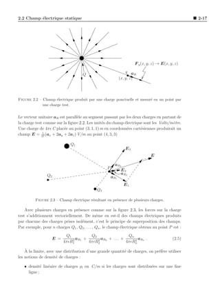 2.2 Champ ´lectrique statique
          e                                                                                          2-17




                                                                       F q (x, y, z) → E(x, y, z)
                                                                 q a
                                     Q                                 R
                                                             (x, y, z)



Figure 2.2 – Champ ´lectrique produit par une charge ponctuelle et mesur´ en un point par
                     e                                                  e
             une charge test.


Le vecteur unitaire aR est parall`le au segment passant par les deux charges en partant de
                                 e
la charge test comme sur la ﬁgure 2.2. Les unit´s du champ ´lectrique sont les Volts/m`tre.
                                               e           e                          e
Une charge de 4πǫ C plac´e au point (3, 1, 1) m en coordonn´es cart´siennes produirait un
                         e                                   e      e
              1
champ E = 27 (ax + 2ay + 2az ) V/m au point (4, 3, 3)

                              Q1
                                                                 E3
                                                                                E

                                                         aR3
                                                   P        E2
                Q2                                          aR2
                                                       aR1
                                                                E1
                                             Q3

         Figure 2.3 – Champ ´lectrique r´sultant en pr´sence de plusieurs charges.
                            e           e             e

    Avec plusieurs charges en pr´sence comme sur la ﬁgure 2.3, les forces sur la charge
                                 e
test s’additionnent vectoriellement. De mˆme en est-il des champs ´lectriques produits
                                              e                           e
par chacune des charges prises isol´ment, c’est le principe de superposition des champs.
                                   e
Par exemple, pour n charges Q1 , Q2 , . . . , Qn , le champ ´lectrique obtenu au point P est :
                                                            e
                           Q1        Q2              Qn
                   E =          a +
                              2 R1
                                          a + ... +
                                        2 R2
                                                         a .
                                                        2 R
                                                                                             (2.5)
                          4πǫR1     4πǫR2           4πǫRn n

    `
    A la limite, avec une distribution d’une grande quantit´ de charges, on pr´f`re utiliser
                                                           e                  ee
les notions de densit´ de charges :
                      e

   • densit´ lin´aire de charges ρl en C/m si les charges sont distribu´es sur une ﬁne
             e  e                                                      e
     ligne ;
 
