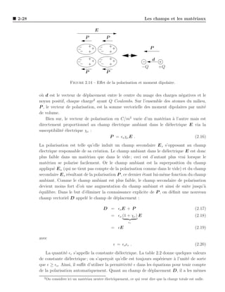 2-28                                                                       Les champs et les mat´riaux
                                                                                                e

                                            E
                                      P            P

                                                                               P

                                                                                d
                                                                          −Q        +Q
                                      P            P

                            Figure 2.14 – Eﬀet de la polarisation et moment dipolaire.


       o` d est le vecteur de d´placement entre le centre du nuage des charges n´gatives et le
        u                        e                                                e
                                      2
       noyau positif, chaque charge ayant Q Coulombs. Sur l’ensemble des atomes du milieu,
       P , le vecteur de polarisation, est la somme vectorielle des moment dipolaires par unit´
                                                                                              e
       de volume.
           Bien sur, le vecteur de polarisation en C/m2 varie d’un mat´riau a l’autre mais est
                                                                       e     `
       directement proportionnel au champ ´lectrique ambiant dans le di´lectrique E via la
                                                e                          e
       susceptibilit´ ´lectrique χe :
                    ee
                                               P = ǫo χe E .                             (2.16)
       La polarisation est telle qu’elle induit un champ secondaire E s s’opposant au champ
       ´lectrique responsable de sa cr´ation. Le champ ambiant dans le di´lectrique E est donc
       e                               e                                       e
       plus faible dans un mat´riau que dans le vide ; ceci est d’autant plus vrai lorsque le
                                 e
       mat´riau se polarise facilement. Or le champ ambiant est la superposition du champ
           e
       appliqu´ E a (qui ne tient pas compte de la polarisation comme dans le vide) et du champ
               e
       secondaire E s r´sultant de la polarisation P , ce dernier ´tant lui-mˆme fonction du champ
                       e                                          e          e
       ambiant. Comme le champ ambiant est plus faible, le champ secondaire de polarisation
       devient moins fort d’o` une augmentation du champ ambiant et ainsi de suite jusqu’`
                               u                                                                 a
       ´quilibre. Dans le but d’´liminer la connaissance explicite de P , on d´ﬁnit une nouveau
       e                         e                                               e
       champ vectoriel D appel´ le champ de d´placement :
                                 e                e

                                                 D = ǫo E + P                                              (2.17)
                                                       = ǫo (1 + χe ) E                                    (2.18)
                                                                 ǫr
                                                       = ǫE                                                (2.19)

       avec
                                                        ǫ = ǫo ǫr .                                        (2.20)
           La quantit´ ǫr s’appelle la constante di´lectrique. La table 2.2 donne quelques valeurs
                      e                              e
       de constante di´lectrique ; on s’aper¸oit qu’elle est toujours sup´rieure a l’unit´ de sorte
                        e                      c                            e       `      e
       que ǫ ≥ ǫo . Ainsi, il suﬃt d’utiliser la permittivit´ ǫ dans les ´quations pour tenir compte
                                                            e            e
       de la polarisation automatiquement. Quant au champ de d´placement D, il a les mˆmes
                                                                       e                        e
         2
             On consid`re ici un mat´riau neutre ´lectriquement, ce qui veut dire que la charge totale est nulle.
                      e             e            e
 
