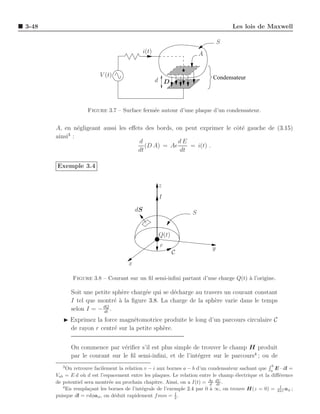 3-48                                                                                Les lois de Maxwell

                                                                               S
                                                i(t)                   A


                          V (t)                                             Condensateur
                                                       d D



                     Figure 3.7 – Surface ferm´e autour d’une plaque d’un condensateur.
                                              e


       A, en n´gligeant aussi les eﬀets des bords, on peut exprimer le cˆt´ gauche de (3.15)
               e                                                        oe
            3
       ainsi :
                                      d             dE
                                        (D A) = Aǫ      = i(t) .
                                     dt             dt

       Exemple 3.4


                                                       z
                                                       I

                                           dS                      S


                                                       Q(t)
                                                        r                  y
                                                              C
                                       x

              Figure 3.8 – Courant sur un ﬁl semi-inﬁni partant d’une charge Q(t) ` l’origine.
                                                                                  a

              Soit une petite sph`re charg´e qui se d´charge au travers un courant constant
                                 e        e          e
              I tel que montr´ ` la ﬁgure 3.8. La charge de la sph`re varie dans le temps
                               ea                                   e
                          dQ
              selon I = − dt .
          ◮ Exprimez la force magn´tomotrice produite le long d’un parcours circulaire C
                                    e
            de rayon r centr´ sur la petite sph`re.
                            e                  e


              On commence par v´riﬁer s’il est plus simple de trouver le champ H produit
                                  e
              par le courant sur le ﬁl semi-inﬁni, et de l’int´grer sur le parcours4 ; ou de
                                                              e
          3                                                                                          b
            On retrouve facilement la relation v − i aux bornes a − b d’un condensateur sachant que a E · dl =
       Vab = E d o` d est l’espacement entre les plaques. Le relation entre le champ ´lectrique et la diﬀ´rence
                   u                                                                  e                  e
       de potentiel sera montr´e au prochain chapitre. Ainsi, on a I(t) = Aǫ dV .
                               e                                            d dt
          4                                                                                              I
            En rempla¸ant les bornes de l’int´grale de l’exemple 2.4 par 0 ` ∞, on trouve H(z = 0) = 4πr aφ ;
                      c                       e                             a
                                                            I
       puisque dl = rdφaφ , on d´duit rapidement f mm = 2 .
                                 e
 