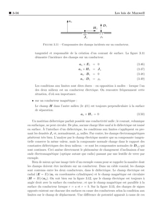 3-56                                                                          Les lois de Maxwell

                                        an
                                                                    D1
                                                            H1


                                                     Js           ρs

                   Figure 3.11 – Composantes des champs incidents sur un conducteur.


             tangentiel et responsable de la cr´ation d’un courant de surface. La ﬁgure 3.11
                                               e
             d´montre l’incidence des champs sur un conducteur.
              e

                                                 an × E 1 = 0                                   (3.46)
                                                an × H 1 = J s                                  (3.47)
                                                  an · B 1 = 0                                  (3.48)
                                                  an · D1 = ρs                                  (3.49)

             Les conditions aux limites sont dites dures – en opposition a molles – lorsque l’un
                                                                         `
             des deux milieux est un conducteur ´lectrique. On rencontre fr´quemment cette
                                                   e                          e
             situation, d’o` son importance.
                           u

          • sur un conducteur magn´tique :
                                  e
             Le champ H dans l’autre milieu (le #1) est toujours perpendiculaire a la surface
                                                                                 `
             de s´paration.
                 e
                                             an × H 1 = 0                              (3.50)

           Un mat´riau di´lectrique parfait poss`de une conductivit´ nulle ; le courant, volumique
                   e        e                     e                   e
       ou surfacique, ne peut circuler. De plus, aucune charge libre sauf si le di´lectrique est ionis´
                                                                                  e                   e
       en surface. A` l’interface d’un di´lectrique, les conditions aux limites s’appliquent en pre-
                                         e
       nant les densit´s J s et, normalement, ρs nulles. Par contre, les champs ´lectromagn´tiques
                        e                                                         e             e
       p´n`trent tr`s bien. L’analyse par le champ ´lectrique montre que sa composante tangen-
         e e        e                                 e
       tielle conserve la mˆme valeur, mais la composante normale change dans le rapport des
                              e
       constantes di´lectriques des deux milieux – ce sont les composantes normales de D1,2 qui
                      e
       sont continues. Ceci am`ne directement le ph´nom`ne de changement d’inclinaison d’une
                                 e                      e    e
       onde ´lectromagn´tique (optique autant que radio) passant par une lentille de verre par
              e            e
       exemple.
           Rien de mieux qu’une image tir´e d’un exemple connu pour se rappeler la mani`re dont
                                            e                                                 e
       les champs doivent ˆtre incidents sur un conducteur. Dans un cˆble coaxial, les champs
                              e                                             a
       sont contenus entre les deux conducteurs, dans le di´lectrique. Le champ ´lectrique est
                                                                e                        e
       radial (E = E(r)ar en coordonn´es cylindriques) et le champ magn´tique est circulaire
                                           e                                     e
       (H = H(r)aφ ). On voit bien sur la ﬁgure 3.12, que le champ ´lectrique est toujours a
                                                                           e                          `
       angle droit avec la surface du conducteur ; et que le champ magn´tique est parall`le a la
                                                                             e                 e `
       surface du conducteur lorsque r = a et r = b. Sur la ﬁgure 3.13, des charges de signes
       oppos´s existent sur chacune des surfaces en cause des conducteurs selon la condition aux
              e
       limites sur le champ de d´placement. Une diﬀ´rence de potentiel apparaˆ a cause de ces
                                   e                     e                           ıt `
 