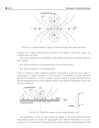 4-76                                                                    Statique et Quasi-statique

                                      équipotentielles       z

                                                             +Q
                                                  +d
                                                   2



                                                                                    E


                                                  −d
                                                   2

                                                             −Q



                           ´
              Figure 4.8 – Equipotentielles et lignes de champ ´lectrique d’un dipˆle ´lectrique.
                                                               e                  o e


       la ﬁgure 4.8. Le dipˆle ´lectrique ´tant constitu´ d’une charge +Q et d’une charge −Q,
                            o e           e             e
       la charge nette est nulle.
           On se rend compte qu’en consid´rant le plan milieu et normal au segment reliant les
                                            e
       deux charges :

          • le champ ´lectrique est perpendiculaire en tout point du plan ;
                     e

          • le plan correspond ` une ´quipotentielle.
                               a     e

       Ainsi, en pla¸ant un plan conducteur parfait exactement a la position de ce plan, la
                    c                                            `
       cartographie du champ ´lectrique et de la fonction de potentielle ne serait nullement
                                e
       aﬀect´e. Si maintenant, on retire la charge −Q par exemple, le champ ´lectrique devient
            e                                                               e
       nul automatiquement du cˆt´ de la charge n´gative mais demeure inchang´ de l’autre cˆt´
                                  oe               e                          e            oe
       du plan conducteur.

                  équipotentielle     z

                                     +Q
                                                                                         +Q

          d                                                                         d
                                                                 [E]S
              -     -- - - - - - -- - - - - - -          -        -     ⇔
          conducteur parfait                ρs                                      d
                                                                                         −Q
                                                                            image

                        Figure 4.9 – Th´orie des images sur une charge ´lectrique +Q.
                                       e                               e

          En cons´quence, mettre un plan conducteur parfait ` cˆt´ d’une charge ´lectrique
                  e                                                a oe                 e
       correspond ` simuler une charge de signe oppos´ ` une distance ´quivalente sous le plan
                  a                                      ea               e
       conducteur. C’est l’image de la charge ´lectrique statique comme le r´sume la ﬁgure 4.9. En
                                              e                             e
 