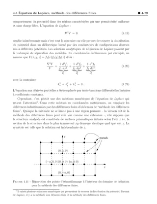 ´
4.5 Equation de Laplace, m´thode des diﬀ´rences ﬁnies
                          e             e                                                                      4-79

comportement du potentiel dans des r´gions caract´ris´es par une permittivit´ uniforme
                                       e         e e                        e
et sans charge libre. L’´quation de Laplace :
                        e

                                                  ∇2 V = 0                                          (4.19)

semble inint´ressante mais c’est tout le contraire car elle permet de trouver la distribution
            e
du potentiel dans un di´lectrique born´ par des conducteurs de conﬁgurations diverses
                        e                  e
mis ` diﬀ´rents potentiels. Les solutions analytiques de l’´quation de Laplace passent par
     a   e                                                   e
la technique de s´paration des variables. En coordonn´es cart´siennes par exemple, on
                  e                                        e      e
assume que V (x, y, z) = f1 (x)f2 (y)f3 (z) d’o` :
                                               u

                               ∇2 V   1 d2 f1   1 d2 f2   1 d2 f3
                                    =         +         +                                           (4.20)
                                V     f1 dx2    f2 dy 2   f3 dz 2
                                              2
                                             kx            2
                                                          ky            2
                                                                       kz


avec la contrainte
                                          2    2    2
                                         kx + ky + kz = 0 .                                         (4.21)

L’´quation aux d´riv´es partielles a ´t´ remplac´e par trois ´quations diﬀ´rentielles lin´aires
  e               e e                ee         e            e            e              e
a
` coeﬃcients constants.
    Cependant, c’est plutˆt une des solutions num´riques de l’´quation de Laplace qui
                           o                         e             e
                    5
retient l’attention . Dans cette solution en coordonn´es cart´siennes, on remplace les
                                                         e       e
diﬀ´rences inﬁnit´simales par des diﬀ´rences ﬁnies d’o` le nom de “m´thode des diﬀ´rences
    e             e                   e                u               e               e
ﬁnies”. Quoique la m´thode ne se limite pas ` une r´gion planaire – la version 3D de la
                       e                       a       e
m´thode des diﬀ´rences ﬁnies peut ˆtre vue comme une extension –, elle suppose que
  e               e                    e
la structure analys´e est constitu´e de surfaces prismatiques inﬁnies selon l’axe z i.e. la
                     e             e
section de la structure dans le plan transversal xy demeure identique quel que soit z. La
sym´trie est telle que la solution est ind´pendante de z.
     e                                     e

                                               y                                noeuds



                                         (0, a, 0)


                              (−a, 0, 0) (0, 0, 0) (a, 0, 0)
                                                                                    x
                                         (0, −a, 0)

Figure 4.11 – R´partition des points d’´chantillonnage ` l’int´rieur du domaine de d´ﬁnition
                e                       e              a      e                     e
              pour la m´thode des diﬀ´rences ﬁnies.
                       e              e
   5
    Il existe plusieurs solutions num´riques qui permettent de trouver la distribution du potentiel. Partant
                                     e
de Laplace, il y a la m´thode aux ´l´ments ﬁnis et la m´thode des diﬀ´rences ﬁnies.
                         e          ee                   e              e
 