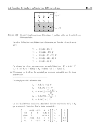 ´
4.5 Equation de Laplace, m´thode des diﬀ´rences ﬁnies
                          e             e                                                      4-83

                                                          0V
                                                          ǫr2 = 1
                                      Va    Vb    Va

                                      Vc    Vd   Vc

                                      Ve          Ve
                                            1V             ǫr1 = 9


Figure 4.13 – G´om´trie impliquant deux di´lectriques et maillage utilis´ par la m´thode des
                e e                       e                             e         e
              diﬀ´rences ﬁnies.
                 e

     La valeur de la constante di´lectrique n’intervient pas dans les calculs de sorte
                                 e
     que :

                              Va = 0.25(Vb + Vc ) V
                               Vb = 0.25(2Va + Vd ) V
                               Vc = 0.25(Va + Vd + Ve ) V
                              Vd = 0.25(Vb + 2Vc + 1) V
                               Ve = 0.25(Vc + 1) V .

     On obtient les valeurs suivantes avec un seul di´lectrique : Va = 0.0811 V,
                                                     e
     Vb = 0.1351 V, Vc = 0.1892 V, Vd = 0.3784 V et Ve = 0.2973 V.
   ◮ D´terminez ces 5 valeurs du potentiel par inversion matricielle avec les deux
       e
     di´lectriques.
       e


     Les cinq ´quations ` r´soudre sont :
              e         a e

                              Va = 0.25(Vb + Vc ) V
                              Vb = 0.25(2Va + Vd ) V
                                               Va + 9Ve
                              Vc = 0.25(Vd ) +           V
                                                  20
                                                Vb + 9
                              Vd = 0.25(2Vc ) +         V
                                                  20
                              Ve = 0.25(Vc + 1) V .

     On note la diﬀ´rence imputable ` l’interface dans les expressions
                     e                   a                                de Vc et Vd
     qui se situent ` l’interface. Par la forme matricielle :
                    a
                                                                     
                    1      −0.25 −0.25        0   0       Va        0
                −0.5        1       0               V 
                                            −0.25 0   b       0       
                                                                        
                                                                     
                −0.05       0       1      −0.25 0   Vc  =  0        
                                                                     
                0         −0.05 −0.5         1   0   Vd      0.45    
                    0        0     −0.25      0   1       Ve      0.25
 