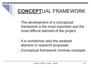 LISTEN...LEARN...THINK....GROW 120
CONCEPTUAL FRAMEWORK
 The development of a conceptual
framework is the most important and the
most difficult element of the project
 It is sometimes also the weakest
element in research proposals
 Conceptual framework involves concepts
 
