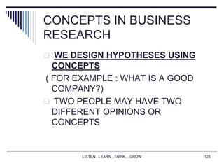 LISTEN...LEARN...THINK....GROW 125
CONCEPTS IN BUSINESS
RESEARCH
 WE DESIGN HYPOTHESES USING
CONCEPTS
( FOR EXAMPLE : WHAT IS A GOOD
COMPANY?)
 TWO PEOPLE MAY HAVE TWO
DIFFERENT OPINIONS OR
CONCEPTS
 