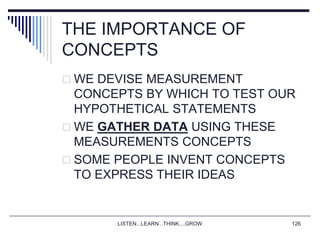 LISTEN...LEARN...THINK....GROW 126
THE IMPORTANCE OF
CONCEPTS
 WE DEVISE MEASUREMENT
CONCEPTS BY WHICH TO TEST OUR
HYPOTHETICAL STATEMENTS
 WE GATHER DATA USING THESE
MEASUREMENTS CONCEPTS
 SOME PEOPLE INVENT CONCEPTS
TO EXPRESS THEIR IDEAS
 