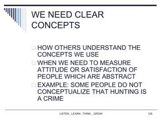 LISTEN...LEARN...THINK....GROW 128
WE NEED CLEAR
CONCEPTS
 HOW OTHERS UNDERSTAND THE
CONCEPTS WE USE
 WHEN WE NEED TO MEASURE
ATTITUDE OR SATISFACTION OF
PEOPLE WHICH ARE ABSTRACT
 EXAMPLE: SOME PEOPLE DO NOT
CONCEPTUALIZE THAT HUNTING IS
A CRIME
 