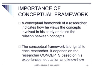 LISTEN...LEARN...THINK....GROW 135
IMPORTANCE OF
CONCEPTUAL FRAMEWORK
 A conceptual framework of a researcher
indicates how he views the concepts
involved in his study and also the
relation between concepts.
 The conceptual framework is original to
each researcher. It depends on the
researcher CONCEPTS based on his
experiences, education and know-how
 