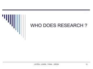 LISTEN...LEARN...THINK....GROW 15
WHO DOES RESEARCH ?
 