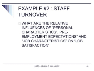 LISTEN...LEARN...THINK....GROW 153
EXAMPLE #2 : STAFF
TURNOVER
 WHAT ARE THE RELATIVE
INFLUENCES OF “PERSONAL
CHARACTERISTICS”, PRE-
EMPLOYMENT EXPECTATIONS” AND
“JOB CHARACTERISTICS” ON “JOB
SATISFACTION”
 