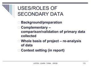 LISTEN...LEARN...THINK....GROW 172
USES/ROLES OF
SECONDARY DATA
 Background/preparation
 Complementary –
comparison/validation of primary data
collected
 Whole basis of project – re-analysis
of data
 Context setting (in report)
 