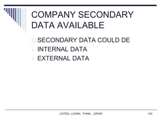 LISTEN...LEARN...THINK....GROW 183
COMPANY SECONDARY
DATA AVAILABLE
 SECONDARY DATA COULD DE
 INTERNAL DATA
 EXTERNAL DATA
 