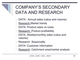 LISTEN...LEARN...THINK....GROW 188
COMPANY’S SECONDARY
DATA AND RESEARCH
 DATA : Annual sales (value and volume)
 Research Market trends
 DATA: Product sales vs costs
 Research Product profitability
 DATA :Weekly/monthly sales (value and
volume)
 Research Seasonality
 DATA :Customer information
 Research: Catchment area/market analysis
 