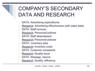 LISTEN...LEARN...THINK....GROW 189
COMPANY’S SECONDARY
DATA AND RESEARCH
 DATA: Advertising expenditures
 Research: Advertising effectiveness (with sales data)
 DATA: Staff turnover
 Research: Personnel policies
 DATA: Staff absenteeism
 Research: Personnel policies
 DATA : Inventory data
 Research: Inventory costs
 DATA: Customer complaints
 Research :Quality issue
 DATA: Wastage, returns
 Research :Quality, efficiency
 
