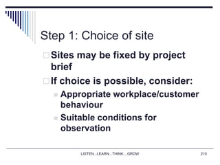 LISTEN...LEARN...THINK....GROW 210
Step 1: Choice of site
Sites may be fixed by project
brief
If choice is possible, consider:
 Appropriate workplace/customer
behaviour
 Suitable conditions for
observation
 