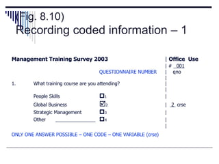(Fig. 8.10)
Recording coded information – 1
Management Training Survey 2003 | Office Use
| # 001
QUESTIONNAIRE NUMBER | qno
|
1. What training course are you attending? |
|
People Skills 1 |
Global Business 2 | 2 crse
Strategic Management 3 |
Other _______________ 4 |
|
ONLY ONE ANSWER POSSIBLE – ONE CODE – ONE VARIABLE (crse)
 