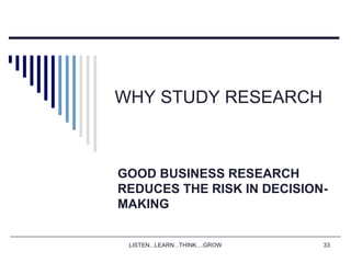 LISTEN...LEARN...THINK....GROW 33
WHY STUDY RESEARCH
GOOD BUSINESS RESEARCH
REDUCES THE RISK IN DECISION-
MAKING
 