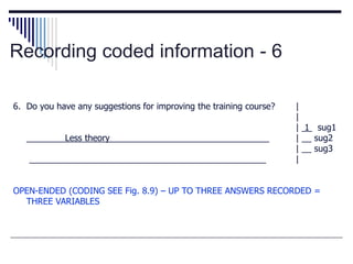 Recording coded information - 6
6. Do you have any suggestions for improving the training course? |
|
| 1 sug1
________Less theory_________________________________ | __ sug2
| __ sug3
_________________________________________________ |
OPEN-ENDED (CODING SEE Fig. 8.9) – UP TO THREE ANSWERS RECORDED =
THREE VARIABLES
 