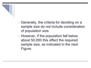  Generally, the criteria for deciding on a
sample size do not include consideration
of population size.
 However, if the population fall below
about 50,000 this affect the required
sample size, as indicated in the next
Figure.
 