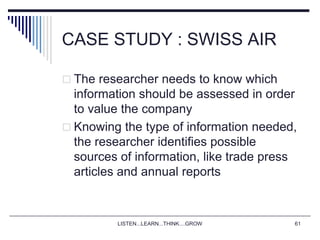 LISTEN...LEARN...THINK....GROW 61
CASE STUDY : SWISS AIR
 The researcher needs to know which
information should be assessed in order
to value the company
 Knowing the type of information needed,
the researcher identifies possible
sources of information, like trade press
articles and annual reports
 