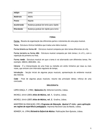 Adágio

Lento

Moderato

Médio

Presto

Rápido

Accelerando

Mudança gradual de lento para rápido

Ritardando

Mudança gradual de rápido para lento

FORMA
Forma – Resulta da organização das diferentes partes e elementos de uma peça musical.
Tema – Estrutura rítmica/melódica que traduz uma ideia musical.
Forma binária ou forma AB – Estrutura musical composta por dois temas diferentes (A e B).
Forma ternária ou forma ABA – Estrutura musical composta por dois temas ( A e B ), com a
repetição do primeiro no final.
Forma rondo – Estrutura musical em que o tema A vai alternando com diferentes temas. Por
exemplo: ABACA; ABACADA; etc.
Cânone – É a interpretação de uma frase ou melodia em estilo imitativo por duas ou mais
vozes, que entram com intervalos regulares de tempo.
Introdução – Secção inicial de algumas peças musicais; apresentação do ambiente musical
das mesmas.
Coda – Final de algumas peças musicais; resumo das principais ideias; reforço de uma
conclusão.
BIBLIOGRAFIA
LOPES-GRAÇA, F. (1984) Opúsculos (1). Editorial Caminho, Lisboa.
MICHELS, Ulrich (2003) Atlas de Música, vol. 1, Gradiva, Lisboa.
MICHELS, Ulrich (2007) Atlas de Música, vol. 2, Gradiva, Lisboa.
MINISTÉRIO DA EDUCAÇÃO (1991) Programa de Educação Musical 2º ciclo - para aplicação
em regime de experiência pedagógica. Imprensa Nacional Casa da Moeda, Lisboa.
KENNEDY, M. (1994) Dicionário Oxford de Música. Publicações Dom Quixote, Lisboa.

6

 