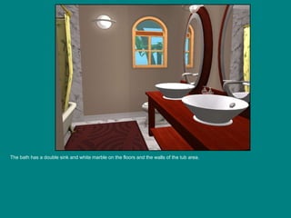 The bath has a double sink and white marble on the floors and the walls of the tub area. 