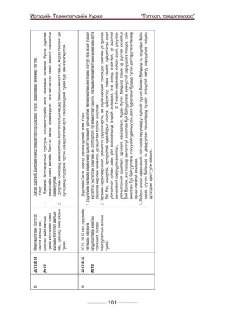 9

8

№13

2012.8.30

№12

2012.8.16

2011, 2012 онд дүүргийн
төсвийн хөрөнгө
оруулалтаар хийсэн
тохижилт, бүтээл
байгуулалтын ажлын
тухай.

Çàñàã äàðãà Á.Áàÿðìàãíàéд тэмдэглэлээр äàðààõ ¿¿ðýã, äààëãàâàð ºãºõººð òîãòîâ.
¯¿íä: 	
Ерөнхий боловсролын сургууль, цэцэрлэгүүдийн анги танхимын засварыг бүрэн дуусгаж,
хичээлийн шинэ жилийн бэлтгэл ажлыг эрчимжүүлэх, энэ чиглэлээр тавих хяналт шалгалтыг
сайжруулах
Дүүргийн хэмжээнд өвөлжилтийн бэлтгэл ажлын явцад байнгын хяналт тавьж, мэдээ тайланг цаг
хугацаанд тодорхой гарган шаардлагатай арга хэмжээнүүдийг тухай бүр авч хэрэгжүүлэх

Дүүргийн Засаг даргад дараах үүргийг өгөв. Үүнд: 				
1. Дүүргийн төсвийн хөрөнгөөр гүйцэтгэх ажил, үйлчилгээг төлөвлөхдөө иргэдийн язгуур эрх ашиг, санал
хүсэлтэд үндэслэн хамгийн ач холбогдол, үр өгөөжтэйг сонгох, төсвийн төлөвлөлтийн өнөөгийн арга
барилаа өөрчлөн оновчтой, үр ашигтай болгож ажиллах,			
2. Төсвийн хөрөнгөөр ажил, үйлчилгээ үзүүлэх иргэн, аж ахуйн нэгжийг сонгохдоо хамгийн үр дүнтэй,
бат бэх, чанартай, ирээдүйтэй хувилбарыг сонгож, гүйцэтгэлд тавих хяналт, гүйцэтгэсэн ажил
үйлчилгээг хүлээн авах үйл ажиллагаанд онцгой анхаарах, энэ ажилд оновчтой, үр ашигтай
менежмент нэвтрүүлж ажиллах,		
3. Төсвийн хөрөнгөөр хийсэн ажил, үзүүлсэн
үйлчилгээний ашиглалт, арчлалт, хамгаалалт, бүрэн бүтэн байдалд тавих үр дүнтэй хяналтыг
бий болгож, энэ талаар хангалтгүй ажиллаж буй байгууллага, хүмүүстэй хариуцлага тооцох, сайн
ажиллаж буй байгууллага, хүмүүсийг урамшуулж, арга туршлагыг бусдад түгээн дэлгэрүүлэх талаар
санаачлагатай ажиллах,	
4. Хийсэн ажлыг эвдэж ажил, үйлчилгээ явуулаад уг зүйлийг хуучин байсан байдалд нь оруулдаг байх,
хэрэв хуучин байснаас нь дордуулсан тохиолдолд тухайн этгээдтэй хатуу хариуцлага тооцож,
дутагдлыг арилгуулж хэвших.

ªâºëæèëòèéí áýëòãýë
õàíãàõ àæëûí ÿâö,
öààøèä хийх àжëын
1.	
тухай,хичээлийн шинэ
жилийн бэлтгэл ажлын
явц, цаашид хийх ажлын 2.	
тухай

Иргэдийн Төлөөлөгчдийн Хурал
	

101

“Тогтоол, тэмдэглэлээс”

 