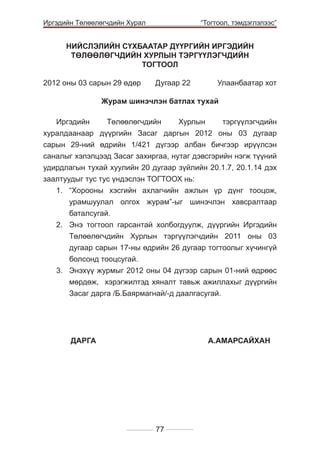 Иргэдийн Төлөөлөгчдийн Хурал

	

“Тогтоол, тэмдэглэлээс”

НИЙСЛЭЛИЙН СҮХБААТАР ДҮҮРГИЙН ИРГЭДИЙН
ТӨЛӨӨЛӨГЧДИЙН ХУРЛЫН ТЭРГҮҮЛЭГЧДИЙН
ТОГТООЛ
2012 оны 03 сарын 29 өдөр 	

Дугаар 22 	

Улаанбаатар хот

Журам шинэчлэн батлах тухай
Иргэдийн
Төлөөлөгчдийн
Хурлын
тэргүүлэгчдийн
хуралдаанаар дүүргийн Засаг даргын 2012 оны 03 дугаар
сарын 29-ний өдрийн 1/421 дүгээр албан бичгээр ирүүлсэн
саналыг хэлэлцээд Засаг захиргаа, нутаг дэвсгэрийн нэгж түүний
удирдлагын тухай хуулийн 20 дугаар зүйлийн 20.1.7, 20.1.14 дэх
заалтуудыг тус тус үндэслэн ТОГТООХ нь:
1.	 “Хорооны хэсгийн ахлагчийн ажлын үр дүнг тооцож,
урамшуулал олгох журам”-ыг шинэчлэн хавсралтаар
баталсугай.
2.	 Энэ тогтоол гарсантай холбогдуулж, дүүргийн Иргэдийн
Төлөөлөгчдийн Хурлын тэргүүлэгчдийн 2011 оны 03
дугаар сарын 17-ны өдрийн 26 дугаар тогтоолыг хүчингүй
болсонд тооцсугай.
3.	 Энэхүү журмыг 2012 оны 04 дүгээр сарын 01-ний өдрөөс
мөрдөж, хэрэгжилтэд хяналт тавьж ажиллахыг дүүргийн
Засаг дарга /Б.Баярмагнай/-д даалгасугай.

	
ДАРГА 				А.АМАРСАЙХАН

77

 