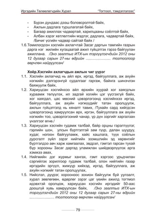 Иргэдийн Төлөөлөгчдийн Хурал

	

“Тогтоол, тэмдэглэлээс”

-	 Бүрэн дундаас дээш боловсролтой байх,
-	 Ажлын дадлага туршлагатай байх,
-	 Багаар ажиллах чадвартай, харилцааны соёлтой байх,
-	 Албан хэрэг хөтлөлтийн мэдлэг, дадлага, чадвартай байх,
	 /Бичиг үсгийн чадвар сайтай байх /
1.6.	 омилогдсон хэсгийн ахлагчтай Засаг даргын тамгийн газрын
Т
дарга нэг жилийн хугацаатай ажил гүйцэтгэх гэрээ байгуулан
ажиллана. /Энэ заалтыг ИТХ-ын тэргүүлэгчдийн 2012 оны
12 дугаар сарын 27-ны өдрийн ........................ тогтоолоор
өөрчлөн найруулсан/
Хоёр.Хэсгийн ахлагчдын ажлын чиг үүрэг
1.1.	 Хэсгийн ахлагчид нь айл өрх, иргэд, байгууллага, аж ахуйн
нэгжийн дэлгэрэнгүй судалгааг гаргаж, байнга шинэчлэн
баяжуулж байх,
1.2.	 Хариуцсан хэсгийнхээ айл өрхийн хуурай хог хаягдлын
хураамж төлүүлэх, ил задгай хогийн цэг үүсгэхгүй байх,
хог хаягдал, цас мөсний цэвэрлэгээнд хэсгийнхээ иргэд,
байгууллага, аж ахуйн нэгжүүдийг татан оролцуулж,
ажлын гүйцэтгэлд нь хяналт тавих, /Тухайн сард хийгдсэн
цэвэрлэгээнд хамруулсан өрх, иргэн, байгууллага аж ахуйн
нэгжийн тоо, цэвэрлэгээний чанар, үр дүн зэргийг харгалзан
үнэлгээг өгнө./
1.3.	 Хариуцсан хэсгийн гудамж талбай, байр орцны гэрэлтүүлэг,
гэрлийн шон, улсын бүртгэлтэй зам гүүр, далан шуудуу,
худаг, ногоон байгууламж, хайс хашлага, түүх соёлын
дурсгалт зүйл зэрэг нийтийн эзэмшлийн эд хөрөнгийг
бүртгэлдээ авч харж хамгаалах, эвдрэл, гэмтэл гарсан тухай
бүр хорооны Засаг даргад уламжлан шийдвэрлүүлэх арга
хэмжээ авах,
1.4.	 Нийгмийн дэг журмыг хангах, гэмт хэргээс урьдчилан
сэргийлэх зорилгоор гудамж талбай, олон нийтийн газар
иргэдийн эргүүл, жижүүр хийхэд, иргэд, байгууллага, аж
ахуйн нэгжийг татан оролцуулах,
1.5.	 Нийслэл, дүүрэг, хорооноос зохион байгуулж буй уулзалт,
хурал зөвлөгөөн, өдөрлөг зэрэг цаг үеийн ажилд тогтмол
идэвхтэй оролцож, хариуцсан хэсгийн иргэдийг 50-аас
доошгүй хувь хамруулсан байх,
/Энэ заалтыг ИТХ-ын
тэргүүлэгчдийн 2012 оны 12 дугаар сарын 27-ны өдрийн
........................ тогтоолоор өөрчлөн найруулсан/
79

 