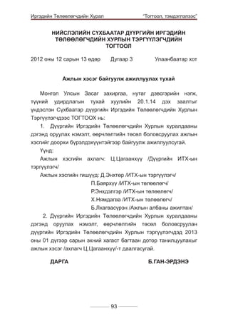 Иргэдийн Төлөөлөгчдийн Хурал

	

“Тогтоол, тэмдэглэлээс”

НИЙСЛЭЛИЙН СҮХБААТАР ДҮҮРГИЙН ИРГЭДИЙН
ТӨЛӨӨЛӨГЧДИЙН ХУРЛЫН ТЭРГҮҮЛЭГЧДИЙН
ТОГТООЛ
2012 оны 12 сарын 13 өдөр 	

Дугаар 3 	

Улаанбаатар хот

Ажлын хэсэг байгуулж ажиллуулах тухай
Ìîíãîë Óëñûí Çàñàã çàõèðãàà, íóòàã äýâñãýðèéí íýãæ,
ò¿¿íèé óäèðäëàãûí òóõàé õóóëèéí 20.1.14 дэх заалтыг
¿íäýñëýí Ñ¿õáààòàð ä¿¿ðãèéí Èðãýäèéí Òºëººëºã÷äèéí Õóðëûí
Òýðã¿¿ëýã÷äýýñ ÒÎÃÒÎÎÕ íü:
1.	 Дүүргийн Иргэдийн Төлөөлөгчдийн Хурлын хуралдааны
дэгэнд оруулах нэмэлт, өөрчлөлтийн төсөл боловсруулах ажлын
хэсгийг доорхи бүрэлдэхүүнтэйгээр байгуулж ажиллуулсугай.
Үүнд:
Ажлын хэсгийн ахлагч: Ц.Цагаанхүү /Дүүргийн ИТХ-ын
тэргүүлэгч/
Ажлын хэсгийн гишүүд: Д.Энхтөр /ИТХ-ын тэргүүлэгч/
			
П.Баярхүү /ИТХ-ын төлөөлөгч/
			
Р.Энхдэлгэр /ИТХ-ын төлөөлөгч/
			
Х.Нямдагва /ИТХ-ын төлөөлөгч/
			
Б.Лхагвасүрэн /Ажлын албаны ажилтан/
2. Дүүргийн Иргэдийн Төлөөлөгчдийн Хурлын хуралдааны
дэгэнд оруулах нэмэлт, өөрчлөлтийн төсөл боловсруулан
дүүргийн Иргэдийн Төлөөлөгчдийн Хурлын тэргүүлэгчдэд 2013
оны 01 дүгээр сарын эхний хагаст багтаан дотор танилцуулахыг
ажлын хэсэг /ахлагч Ц.Цагаанхүү/-т даалгасугай.
	ÄÀÐÃÀ 				Б.ГАН-ЭРДЭНЭ

93

 
