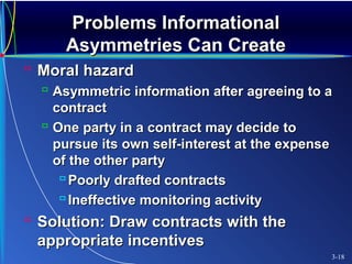 Problems InformationalProblems Informational
Asymmetries Can CreateAsymmetries Can Create
 Moral hazardMoral hazard
 Asymmetric information after agreeing to aAsymmetric information after agreeing to a
contractcontract
 One party in a contract may decide toOne party in a contract may decide to
pursue its own self-interest at the expensepursue its own self-interest at the expense
of the other partyof the other party
 Poorly drafted contractsPoorly drafted contracts
 Ineffective monitoring activityIneffective monitoring activity
 Solution: Draw contracts with theSolution: Draw contracts with the
appropriate incentivesappropriate incentives
3-18
 