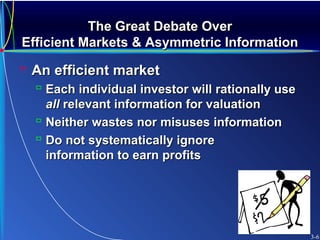 The Great Debate OverThe Great Debate Over
Efficient Markets & Asymmetric InformationEfficient Markets & Asymmetric Information
 An efficient marketAn efficient market
 Each individual investor will rationally useEach individual investor will rationally use
allall relevant information for valuationrelevant information for valuation
 Neither wastes nor misuses informationNeither wastes nor misuses information
 Do not systematically ignoreDo not systematically ignore
information to earn profitsinformation to earn profits
3-6
 