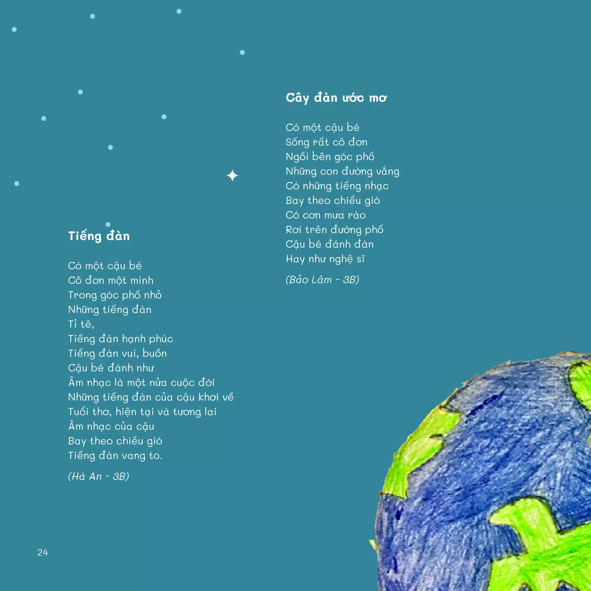 2424
Cây đàn ước mơ
Có một cậu bé
Sống rất cô đơn
Ngồi bên góc phố
Những con đường vắng
Có những tiếng nhạc
Bay theo chiều gió
Có cơn mưa rào
Rơi trên đường phố
Cậu bé đánh đàn
Hay như nghệ sĩ
(Bảo Lâm - 3B)
Tiếng đàn
Có một cậu bé
Cô đơn một mình
Trong góc phố nhỏ
Những tiếng đàn
Tỉ tê,
Tiếng đàn hạnh phúc
Tiếng đàn vui, buồn
Cậu bé đánh như
Âm nhạc là một nửa cuộc đời
Những tiếng đàn của cậu khơi về
Tuổi thơ, hiện tại và tương lai
Âm nhạc của cậu
Bay theo chiều gió
Tiếng đàn vang to.
(Hà An - 3B)
 
