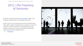 e-art sup | 3A & 3B
Design Interactif - 2016/2017
Alexandre Rivaux
arivaux@gmail.com
ixd.education
2012, «The Treachery
of Santuary»
En 2012, l’artiste/réalisateur Chris Milk réalise «The
Treachery of Sanctuary» un triptyque interactif.
Inspiré par le sens mystique des dessins préhistorique,
cette pièce explore l’origine de nos ancêtres à travers la
création, la mort, la danse et la dissolution du corps.
Chaque «panneau» raconte une étapes de l’histoire :
l’oiseau, la mort et la régénération.
1. Making of
Des pièces interrogent les relations entre le corps et l’espace
 
