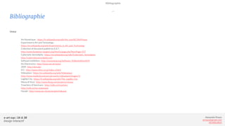 e-art sup | 3A & 3B
Design Interactif
Alexandre Rivaux
arivaux@gmail.com
ixd.education
Bibliographie
Global
Art Numérique : https://fr.wikipedia.org/wiki/Art_num%C3%A9rique
Experiment in Art and Technology :
https://en.wikipedia.org/wiki/Experiments_in_Art_and_Technology
Collection of document publish by E.A.T :
http://www.fondation-langlois.org/html/e/page.php?NumPage=237
Cybernetic Serendipity : https://en.wikipedia.org/wiki/Cybernetic_Serendipity
http://cyberneticserendipity.net/
Software exhibition : http://monoskop.org/Software_%28exhibition%29
Ars Electronica : http://www.aec.at/news/
ZKM : http://zkm.de/
ICC : http://www.ntticc.or.jp/index_e.html
Videoplace : https://en.wikipedia.org/wiki/Videoplace
http://www.medienkunstnetz.de/works/videoplace/images/1/
Legible City : https://fr.wikipedia.org/wiki/The_Legible_City
Messa di Voce : http://www.flong.com/projects/messa/
Treachery of Sanctuary : http://milk.co/treachery
http://milk.co/tos-statement
Hanakï : http://www.am-cb.net/projets/hakanai
Bibliographie
—
 