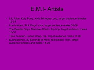 E.M.I- Artists Lily Allen, Katy Perry, Kylie Minogue- pop, target audience females 12-35 Iron Maiden, Pink Floyd, rock, target audience males 30-50 The Beastie Boys, Massive Attack - hip-hop, target audience males 15-30 Tinie Tempah, Snoop Dogg- rap, target audience males 14-30 Evanescence, 30 Seconds to Mars, Nickelback- rock, target audience females and males 14-30 