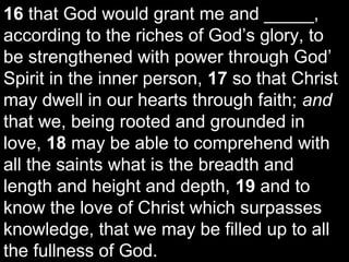 16 that God would grant me and _____,
according to the riches of God’s glory, to
be strengthened with power through God’
Spirit in the inner person, 17 so that Christ
may dwell in our hearts through faith; and
that we, being rooted and grounded in
love, 18 may be able to comprehend with
all the saints what is the breadth and
length and height and depth, 19 and to
know the love of Christ which surpasses
knowledge, that we may be filled up to all
the fullness of God.
 