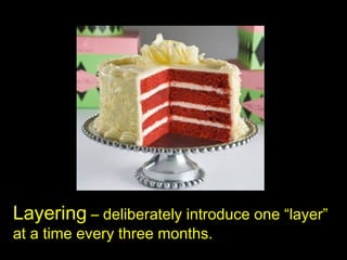 Layering – deliberately introduce one “layer”
at a time every three months.
 