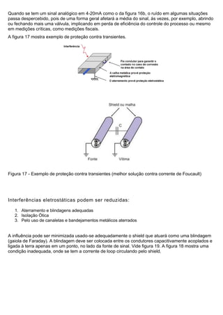 Quando se tem um sinal analógico em 4-20mA como o da figura 16b, o ruído em algumas situações
passa despercebido, pois de uma forma geral afetará a média do sinal, às vezes, por exemplo, abrindo
ou fechando mais uma válvula, implicando em perda de eficiência do controle do processo ou mesmo
em medições críticas, como medições fiscais.
A figura 17 mostra exemplo de proteção contra transientes.
Figura 17 - Exemplo de proteção contra transientes (melhor solução contra corrente de Foucault)
Interferências eletrostáticas podem ser reduzidas:
1. Aterramento e blindagens adequadas
2. Isolação Ótica
3. Pelo uso de canaletas e bandejamentos metálicos aterrados
A influência pode ser minimizada usado-se adequadamente o shield que atuará como uma blindagem
(gaiola de Faraday). A blindagem deve ser colocada entre os condutores capacitivamente acoplados e
ligada à terra apenas em um ponto, no lado da fonte de sinal. Vide figura 19. A figura 18 mostra uma
condição inadequada, onde se tem a corrente de loop circulando pelo shield.
 