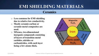 EMI SHIELDING MATERIALS
Pakistan Institute of Engineering and Applied Sciences 18
12/23/2023
Ceramics
o Less common for EMI shielding
due to relative low conductivity.
o Mostly ceramic-carbon or
ceramic-metal composites are
used.
o MXenes, two-dimensional
inorganic compounds consisting
of layers of transition metal
carbides, nitrides or
carbonitrides, with each layer
being a few atoms thick.
 