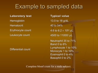 Example to sampled data
Laboratory test                    Typical value
Hemoglobin                         13.5 to 18 g/dL
Hematocrit                         40 to 54%
Erythrocyte count                  4.6 to 6.2 × 106/ µL
Leukocyte count                    4500 to 11000/ µL

                                   Neutrophil 35 to 71%
                                   Band 0 to 6%
                                   Lymphocyte 1 to 10%
Differential count
                                   Monocyte 1 to 10%
                                   Eosinophil 0 to 4%
                                   Basophil 0 to 2%


              Complete blood count for a male subject.
                                                         11
 