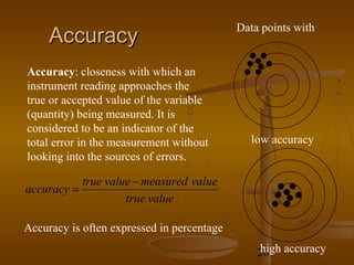 Data points with
     Accuracy
Accuracy: closeness with which an
instrument reading approaches the
true or accepted value of the variable
(quantity) being measured. It is
considered to be an indicator of the
total error in the measurement without         low accuracy
looking into the sources of errors.

           true value − measured value
accuracy =
                    true value

Accuracy is often expressed in percentage

                                                26 accuracy
                                                high
 