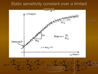 Static sensitivity constant over a limited
                        range




     n∑ xd y − (∑ xd )(∑ y )        (∑ y )(∑ xd ) − (∑ xd y )(∑ xd )
                                              2
m=                             b=
        n ∑ x − ( ∑ xd )
             2
             d
                           2
                                           n ∑ xd − ( ∑ xd ) 2
                                                2
                                                 31
 