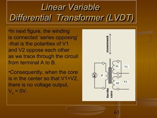 Linear Variable
Differential Transformer (LVDT)
•In next figure, the winding
is connected ‘series opposing’
-that is the polarities of V1
and V2 oppose each other
as we trace through the circuit
from terminal A to B.
•Consequently, when the core
is in the center so that V1=V2,
there is no voltage output,
Vo = 0V.



                                  63
 