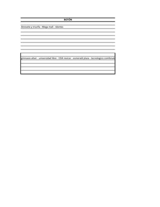 BOTÓN

Atrevete y triunfa - Mega mall - Idontec




gimnasio altair - universidad libre - CDA revicar - esmerald plaza - tecnologico comfenalco
 