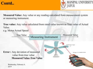 Contd..
Wednesday, February 6,
2019
12
Measured Value: Any value or any reading calculated from measurement system
or measuring instrument.
True value: Any value calculated from rated value known as True value of Actual
Value.
e.g. Motor Actual Speed
Error : Any deviation of measured
value from true value
Measured Value-True Value
Measuring Instrument
True Value Measured Value
 