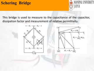 Schering Bridge
This bridge is used to measure to the capacitance of the capacitor,
dissipation factor and measurement of relative permittivity.
 